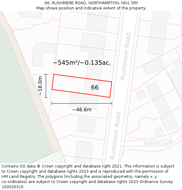 66, RUSHMERE ROAD, NORTHAMPTON, NN1 5RY: Plot and title map