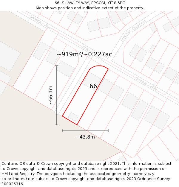 66, SHAWLEY WAY, EPSOM, KT18 5PG: Plot and title map