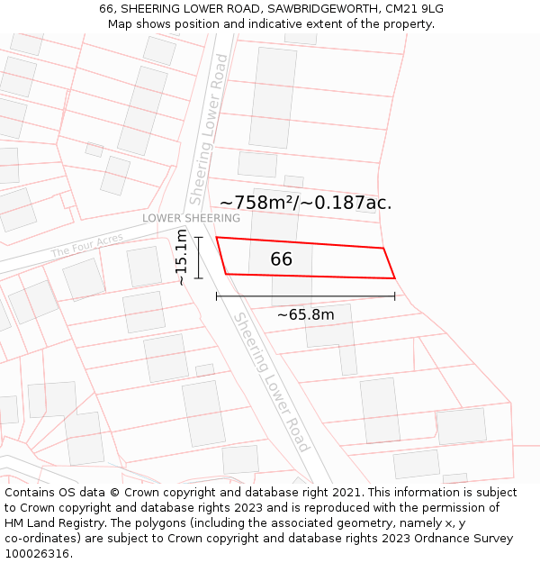 66, SHEERING LOWER ROAD, SAWBRIDGEWORTH, CM21 9LG: Plot and title map