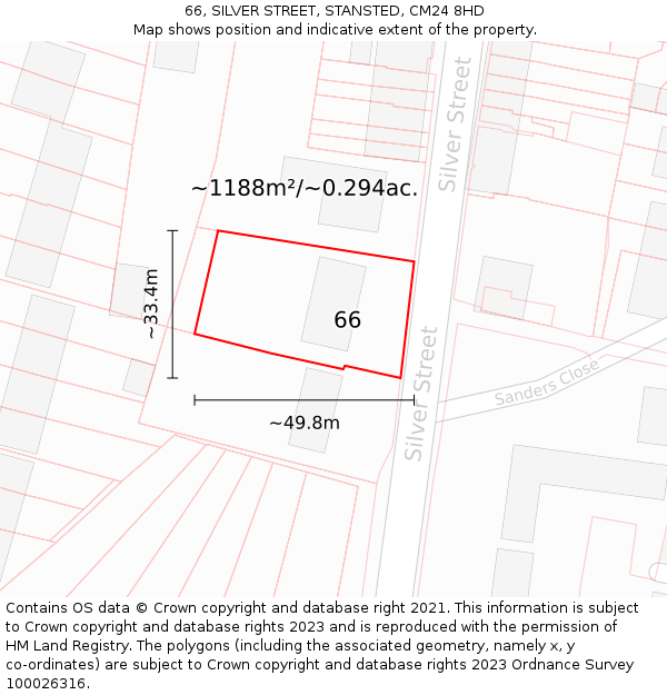 66, SILVER STREET, STANSTED, CM24 8HD: Plot and title map