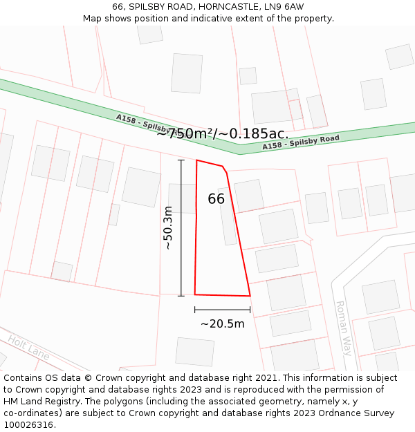 66, SPILSBY ROAD, HORNCASTLE, LN9 6AW: Plot and title map