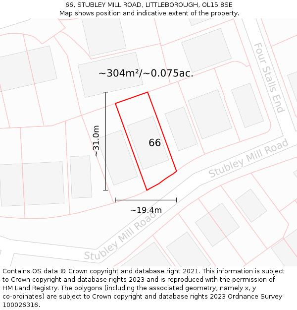 66, STUBLEY MILL ROAD, LITTLEBOROUGH, OL15 8SE: Plot and title map