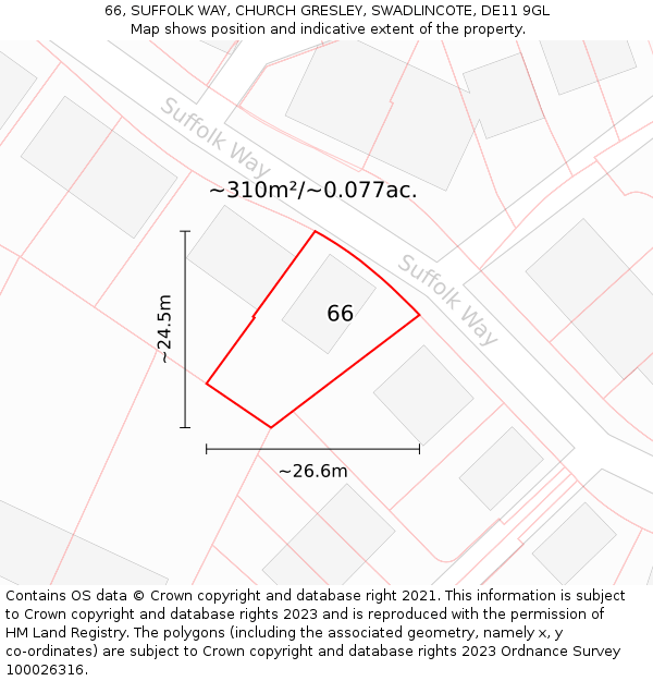 66, SUFFOLK WAY, CHURCH GRESLEY, SWADLINCOTE, DE11 9GL: Plot and title map