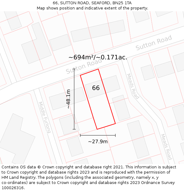 66, SUTTON ROAD, SEAFORD, BN25 1TA: Plot and title map