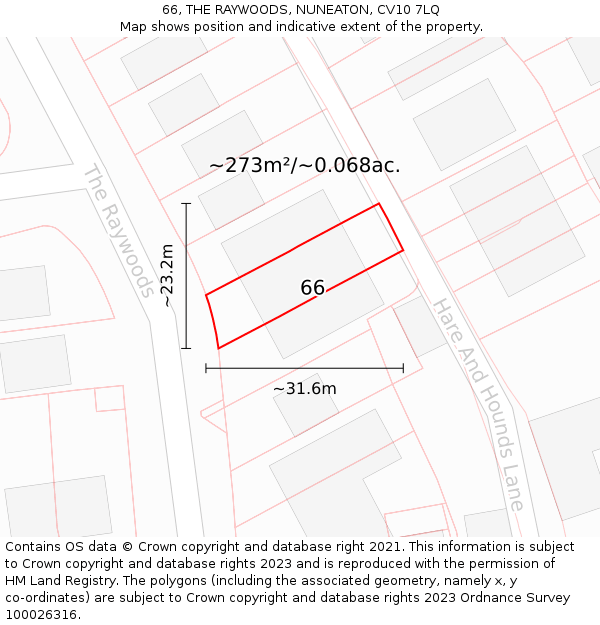 66, THE RAYWOODS, NUNEATON, CV10 7LQ: Plot and title map