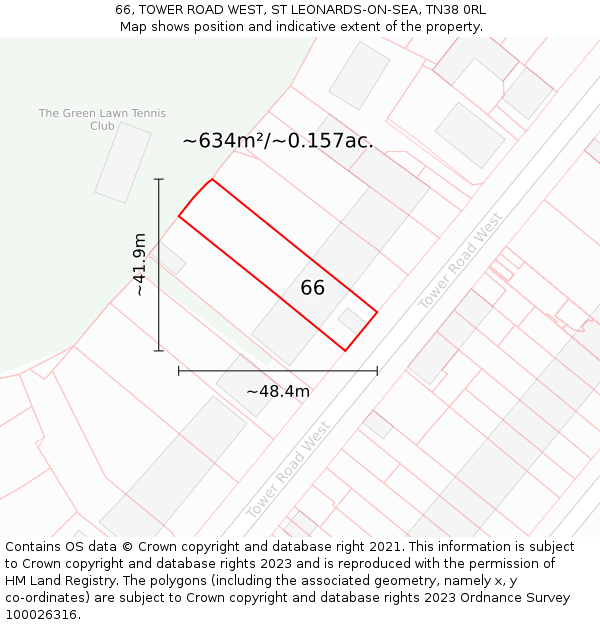 66, TOWER ROAD WEST, ST LEONARDS-ON-SEA, TN38 0RL: Plot and title map