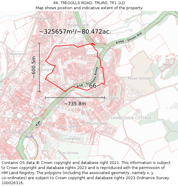 66, TREGOLLS ROAD, TRURO, TR1 1LD: Plot and title map