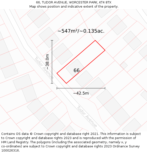 66, TUDOR AVENUE, WORCESTER PARK, KT4 8TX: Plot and title map