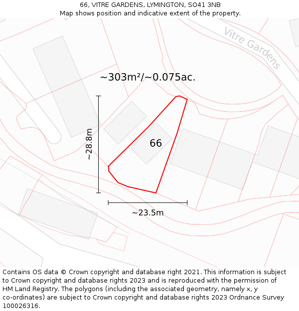 66, VITRE GARDENS, LYMINGTON, SO41 3NB: Plot and title map