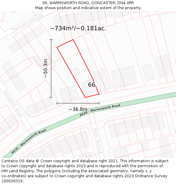 66, WARMSWORTH ROAD, DONCASTER, DN4 0RR: Plot and title map