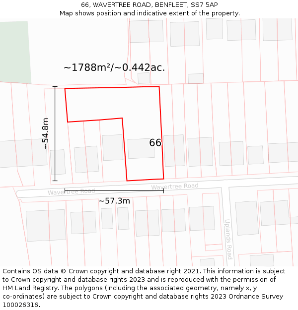 66, WAVERTREE ROAD, BENFLEET, SS7 5AP: Plot and title map