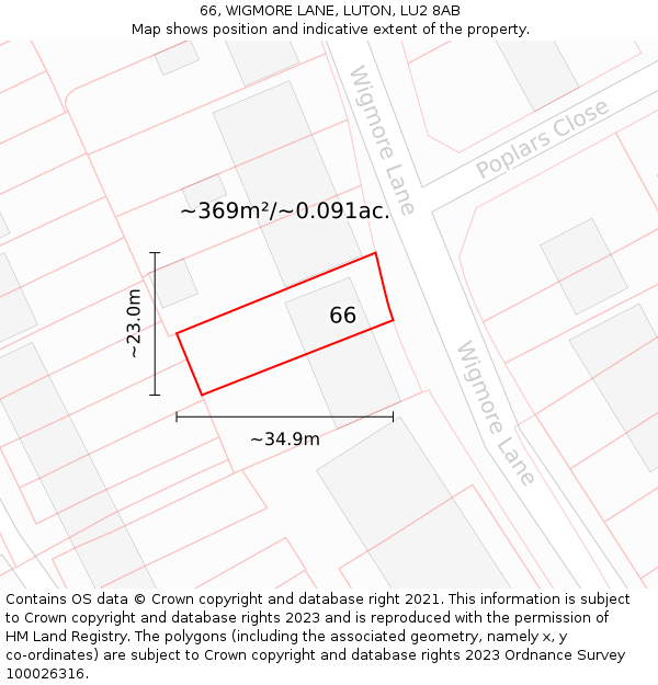 66, WIGMORE LANE, LUTON, LU2 8AB: Plot and title map