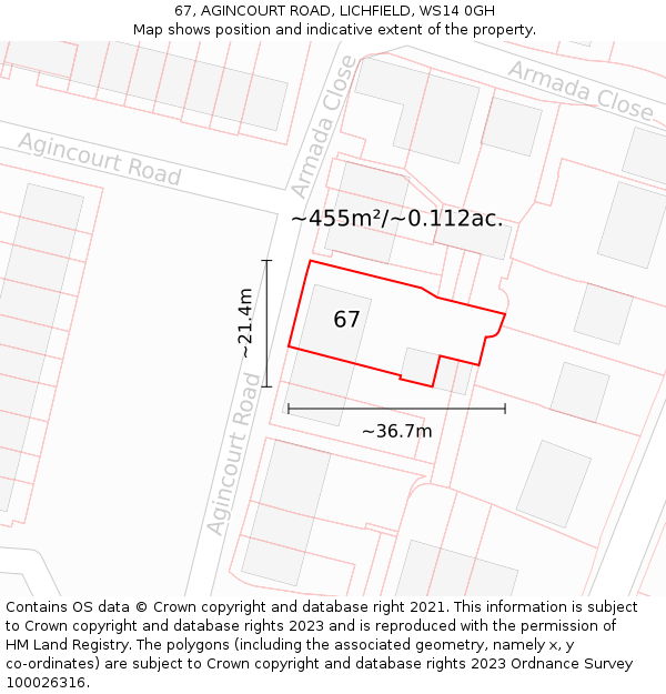 67, AGINCOURT ROAD, LICHFIELD, WS14 0GH: Plot and title map