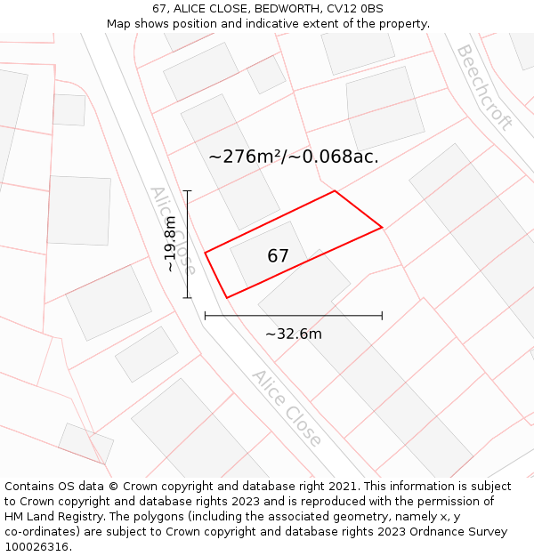 67, ALICE CLOSE, BEDWORTH, CV12 0BS: Plot and title map