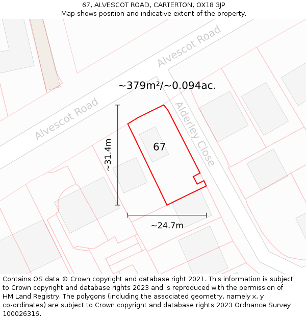 67, ALVESCOT ROAD, CARTERTON, OX18 3JP: Plot and title map