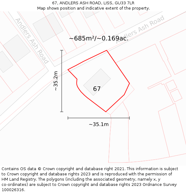 67, ANDLERS ASH ROAD, LISS, GU33 7LR: Plot and title map