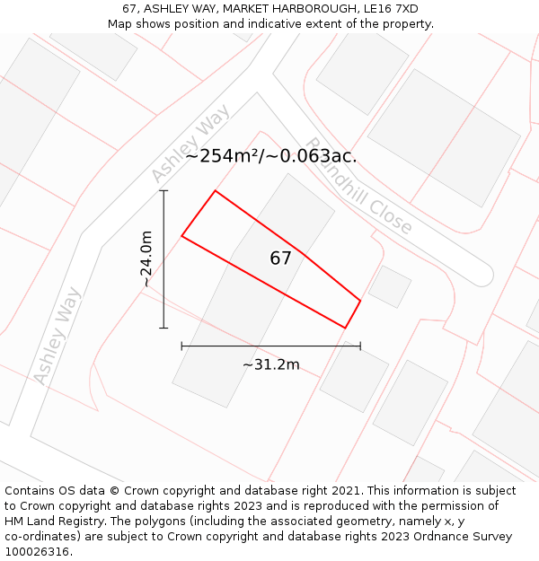 67, ASHLEY WAY, MARKET HARBOROUGH, LE16 7XD: Plot and title map