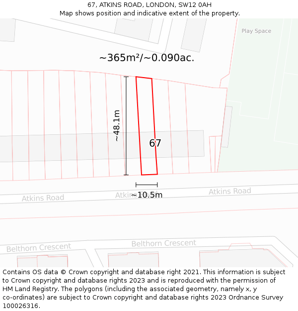 67, ATKINS ROAD, LONDON, SW12 0AH: Plot and title map