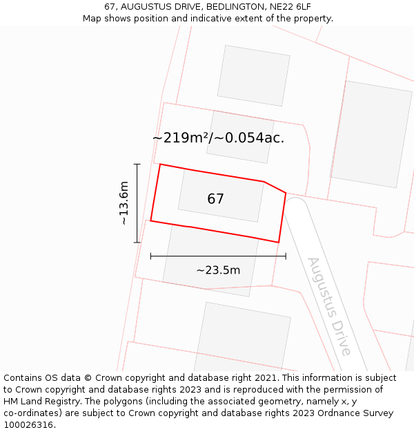 67, AUGUSTUS DRIVE, BEDLINGTON, NE22 6LF: Plot and title map