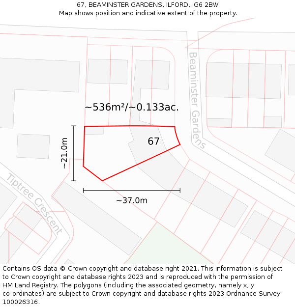 67, BEAMINSTER GARDENS, ILFORD, IG6 2BW: Plot and title map