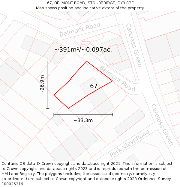 67, BELMONT ROAD, STOURBRIDGE, DY9 8BE: Plot and title map