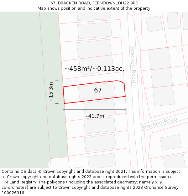 67, BRACKEN ROAD, FERNDOWN, BH22 9PD: Plot and title map