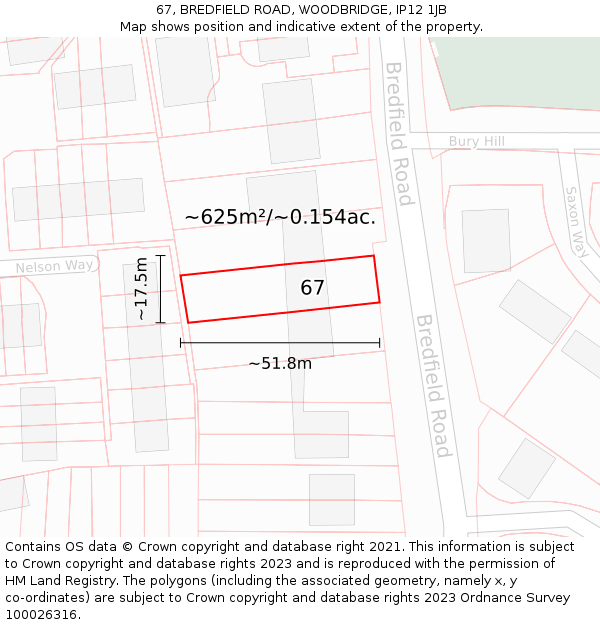 67, BREDFIELD ROAD, WOODBRIDGE, IP12 1JB: Plot and title map