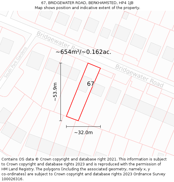 67, BRIDGEWATER ROAD, BERKHAMSTED, HP4 1JB: Plot and title map