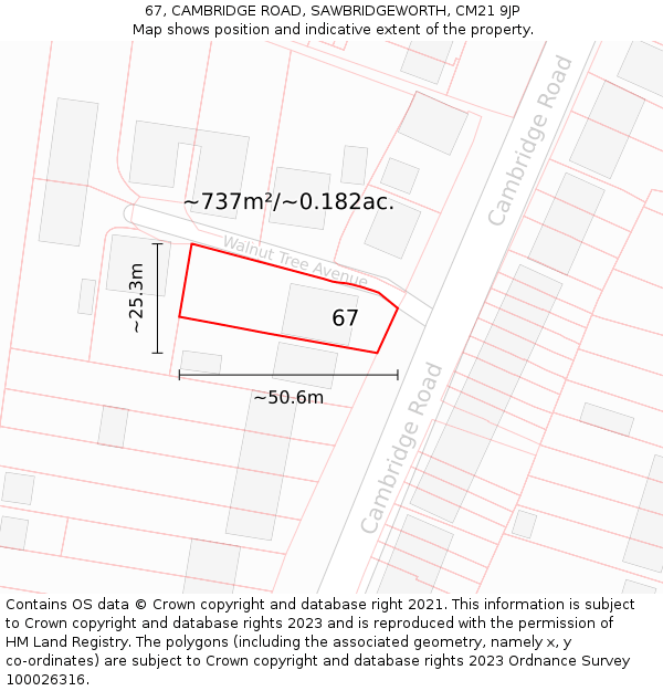 67, CAMBRIDGE ROAD, SAWBRIDGEWORTH, CM21 9JP: Plot and title map