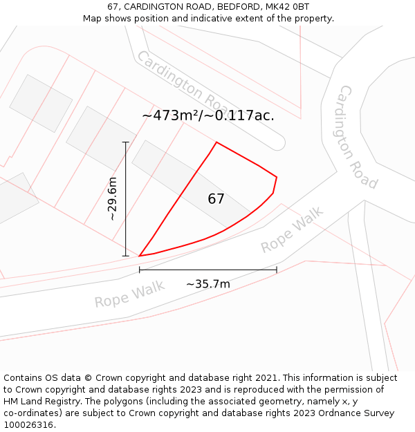 67, CARDINGTON ROAD, BEDFORD, MK42 0BT: Plot and title map