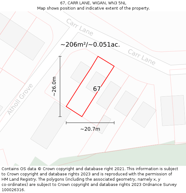 67, CARR LANE, WIGAN, WN3 5NL: Plot and title map
