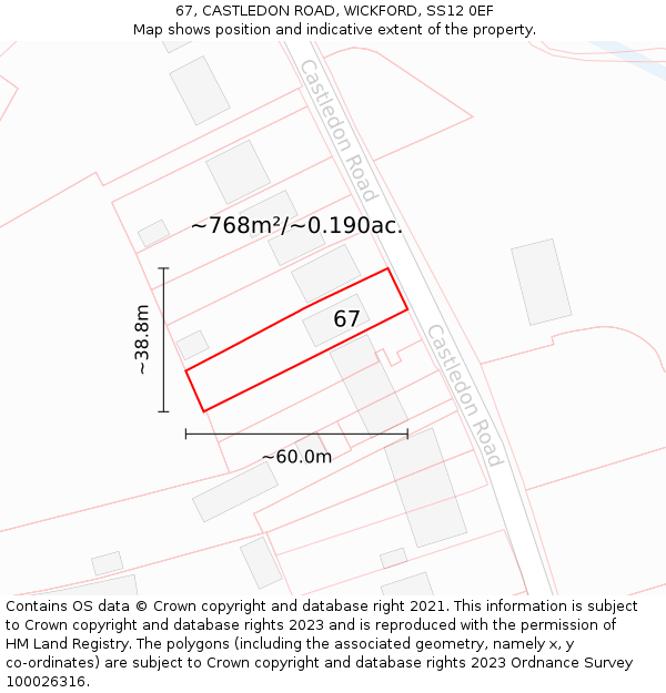 67, CASTLEDON ROAD, WICKFORD, SS12 0EF: Plot and title map