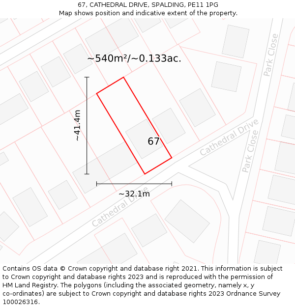 67, CATHEDRAL DRIVE, SPALDING, PE11 1PG: Plot and title map