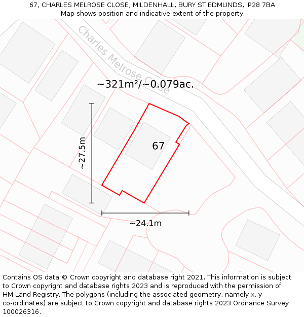 67, CHARLES MELROSE CLOSE, MILDENHALL, BURY ST EDMUNDS, IP28 7BA: Plot and title map