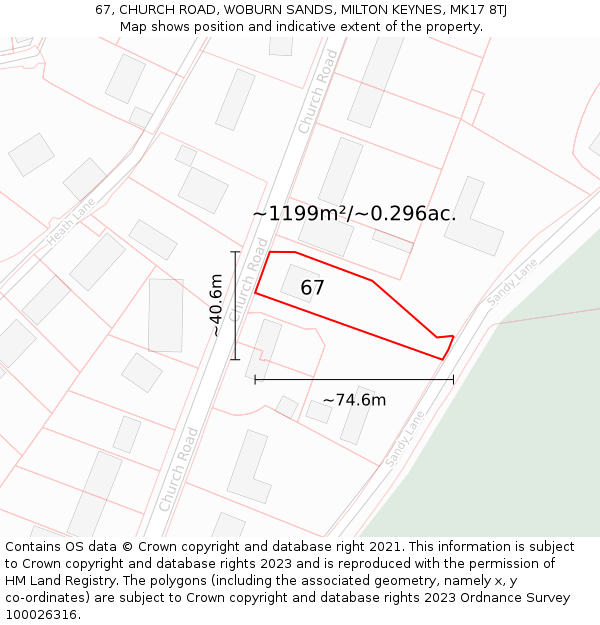 67, CHURCH ROAD, WOBURN SANDS, MILTON KEYNES, MK17 8TJ: Plot and title map