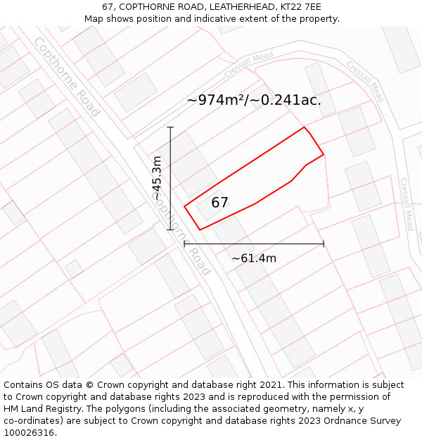 67, COPTHORNE ROAD, LEATHERHEAD, KT22 7EE: Plot and title map