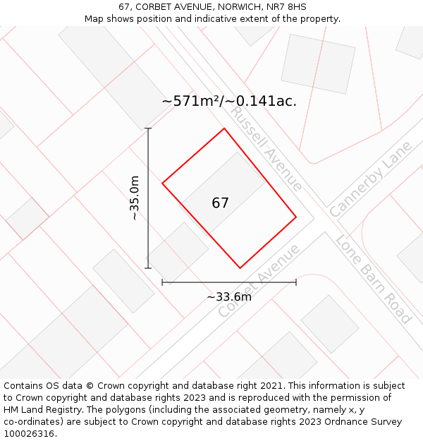 67, CORBET AVENUE, NORWICH, NR7 8HS: Plot and title map