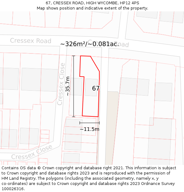 67, CRESSEX ROAD, HIGH WYCOMBE, HP12 4PS: Plot and title map