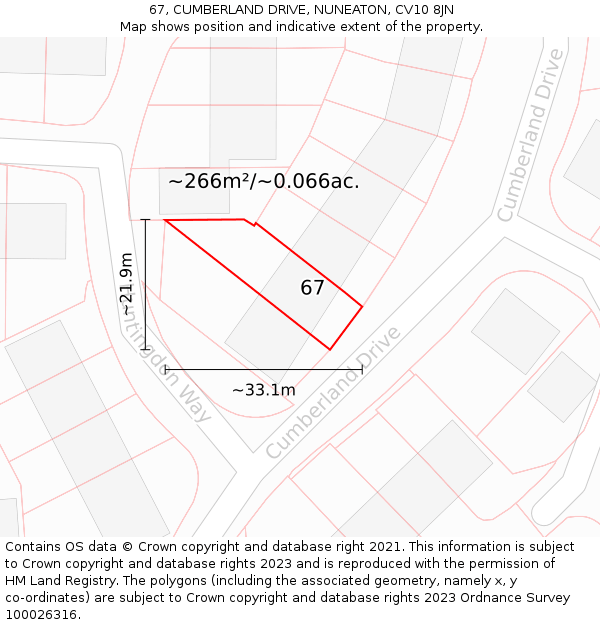 67, CUMBERLAND DRIVE, NUNEATON, CV10 8JN: Plot and title map