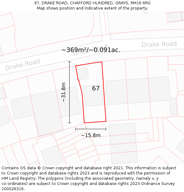 67, DRAKE ROAD, CHAFFORD HUNDRED, GRAYS, RM16 6RG: Plot and title map