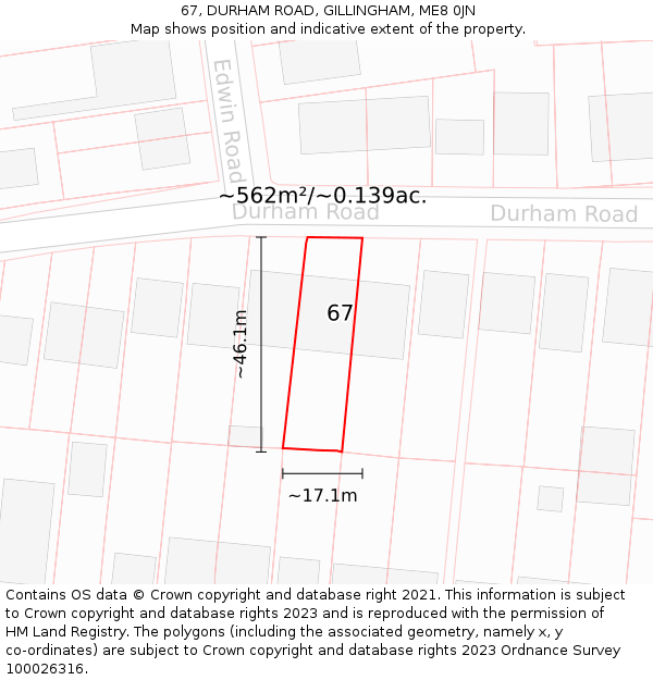 67, DURHAM ROAD, GILLINGHAM, ME8 0JN: Plot and title map