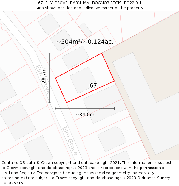 67, ELM GROVE, BARNHAM, BOGNOR REGIS, PO22 0HJ: Plot and title map