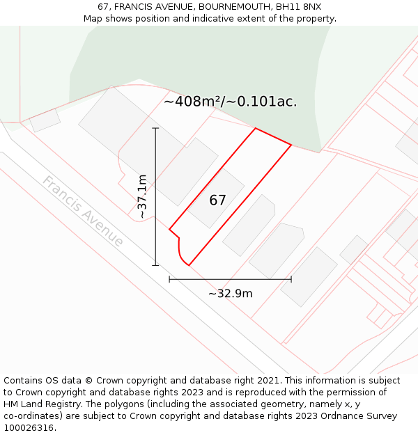 67, FRANCIS AVENUE, BOURNEMOUTH, BH11 8NX: Plot and title map