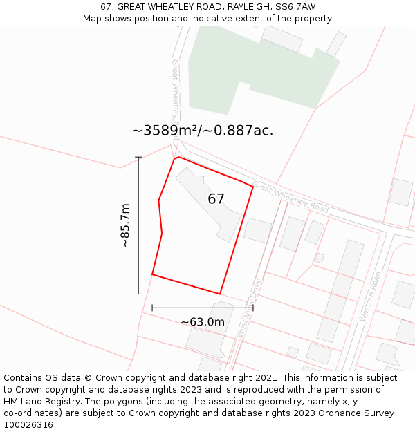 67, GREAT WHEATLEY ROAD, RAYLEIGH, SS6 7AW: Plot and title map