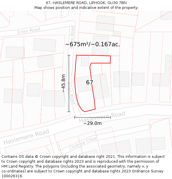 67, HASLEMERE ROAD, LIPHOOK, GU30 7BN: Plot and title map