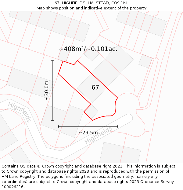 67, HIGHFIELDS, HALSTEAD, CO9 1NH: Plot and title map