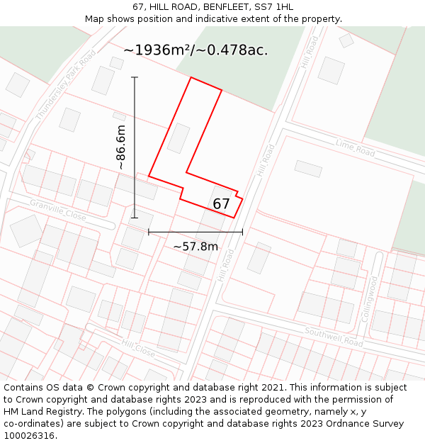 67, HILL ROAD, BENFLEET, SS7 1HL: Plot and title map