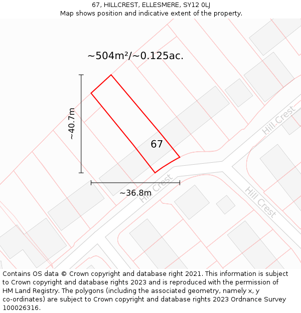 67, HILLCREST, ELLESMERE, SY12 0LJ: Plot and title map