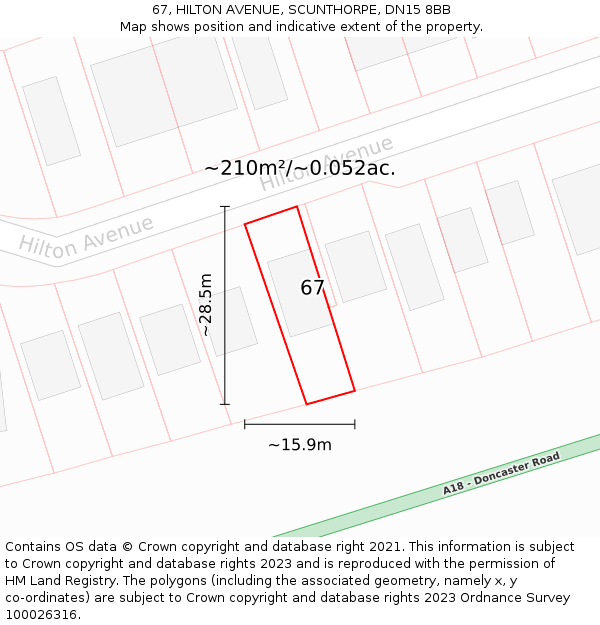 67, HILTON AVENUE, SCUNTHORPE, DN15 8BB: Plot and title map