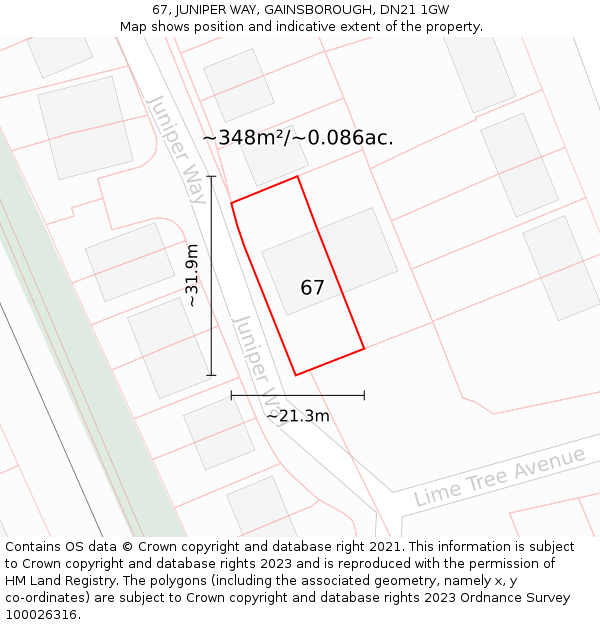 67, JUNIPER WAY, GAINSBOROUGH, DN21 1GW: Plot and title map